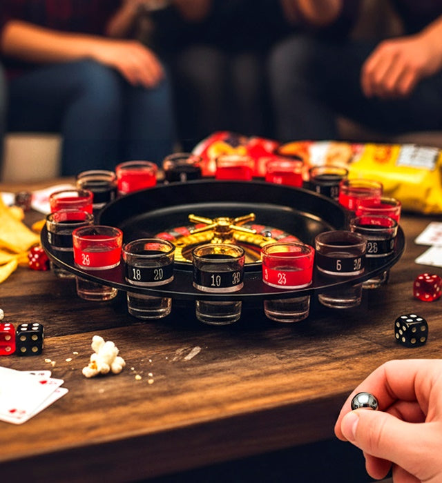 “Drinking Game Roulette Set” Roulette Wheel, 16 Shot Glasses, 2 Steel Balls