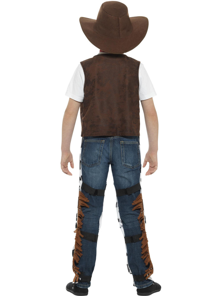 Texan Cowboy Costume Kids Brown Hat Red Neck Tie Brown Waistcoat Badge and Chaps