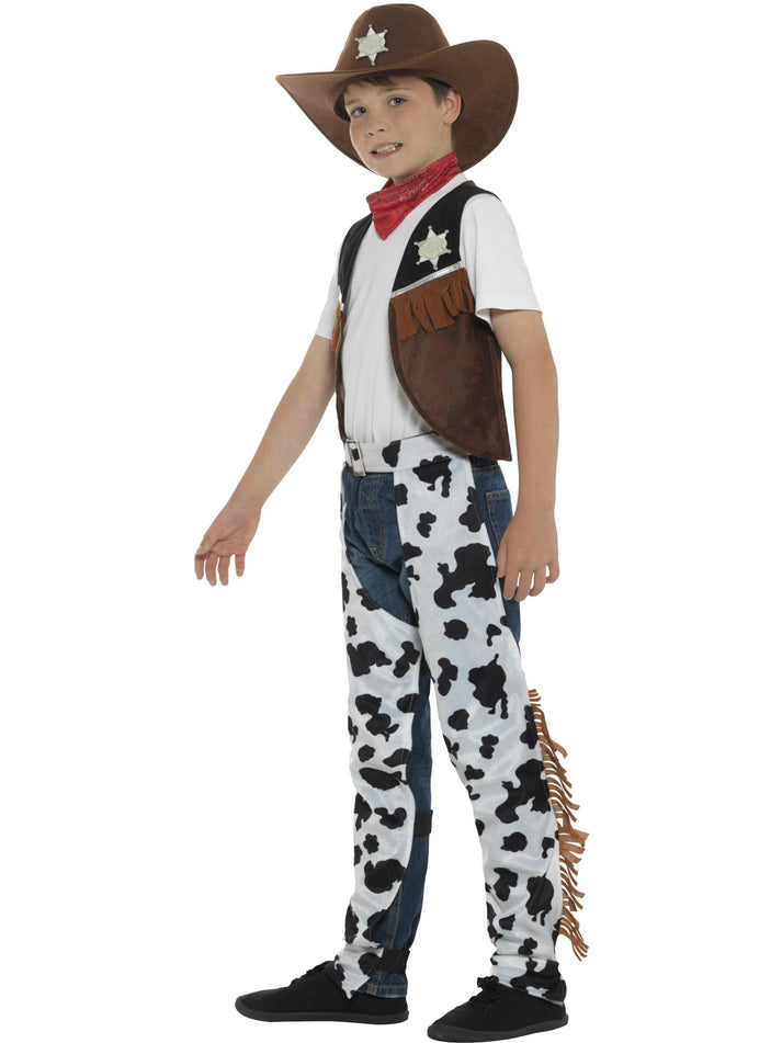 Texan Cowboy Costume Kids Brown Hat Red Neck Tie Brown Waistcoat Badge and Chaps