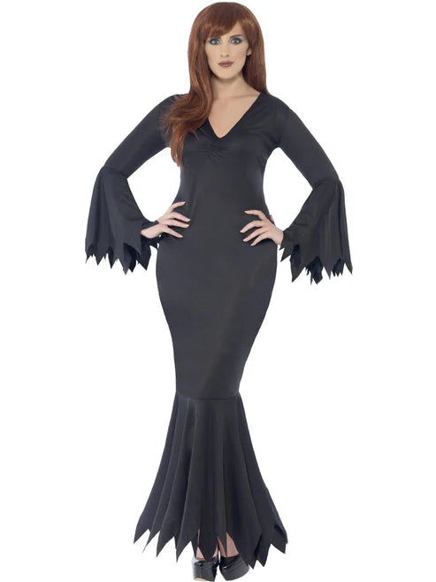 Midnight Vamp Costume Ladies Long Black Dress with Ragged Sleeves and Bottom Trim
