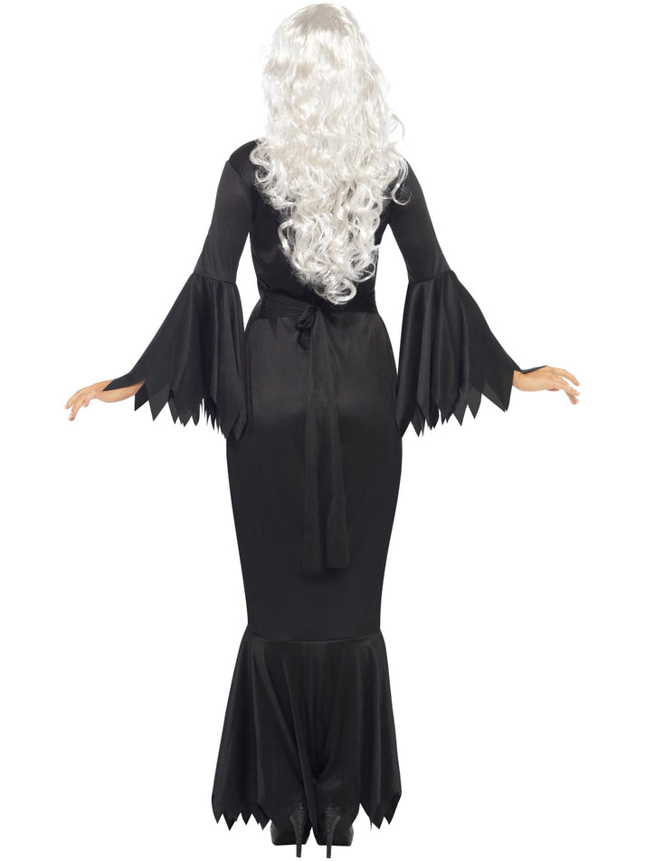 Midnight Vamp Costume Ladies Long Black Dress with Ragged Sleeves and Bottom Trim