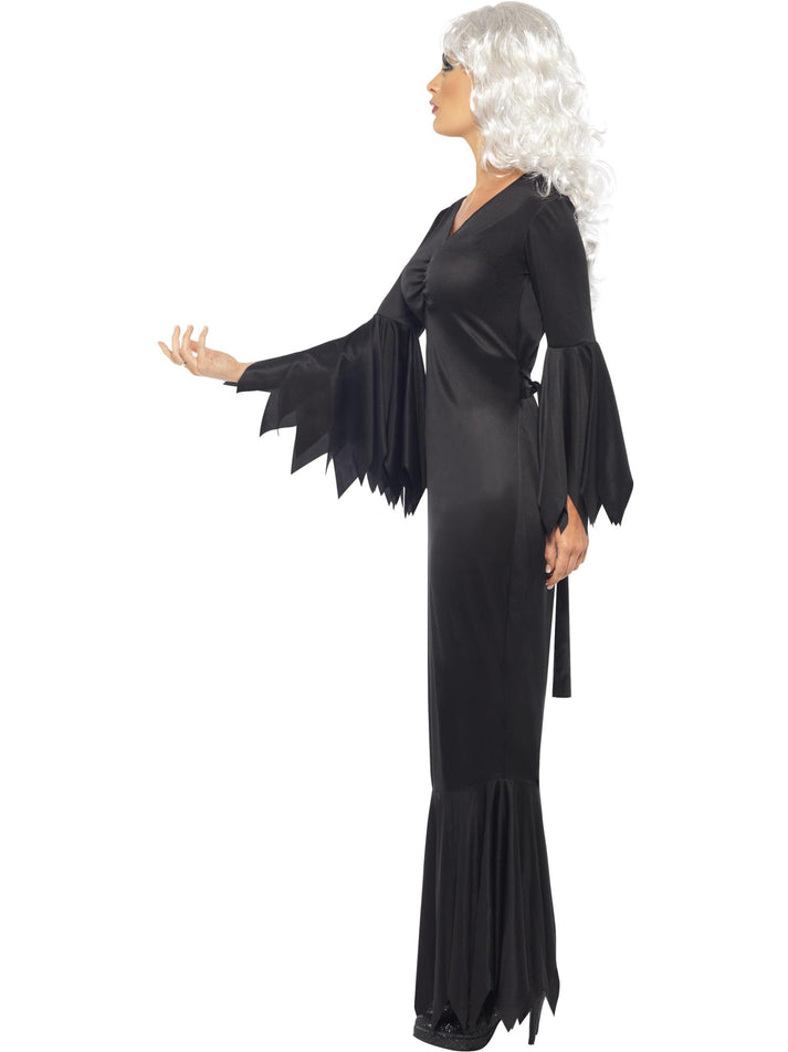 Midnight Vamp Costume Ladies Long Black Dress with Ragged Sleeves and Bottom Trim