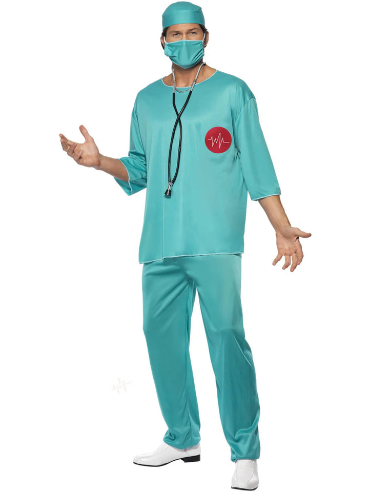 Surgeon Costume Adult Green Hospital Scrubs Tunic Trousers Cap Mask