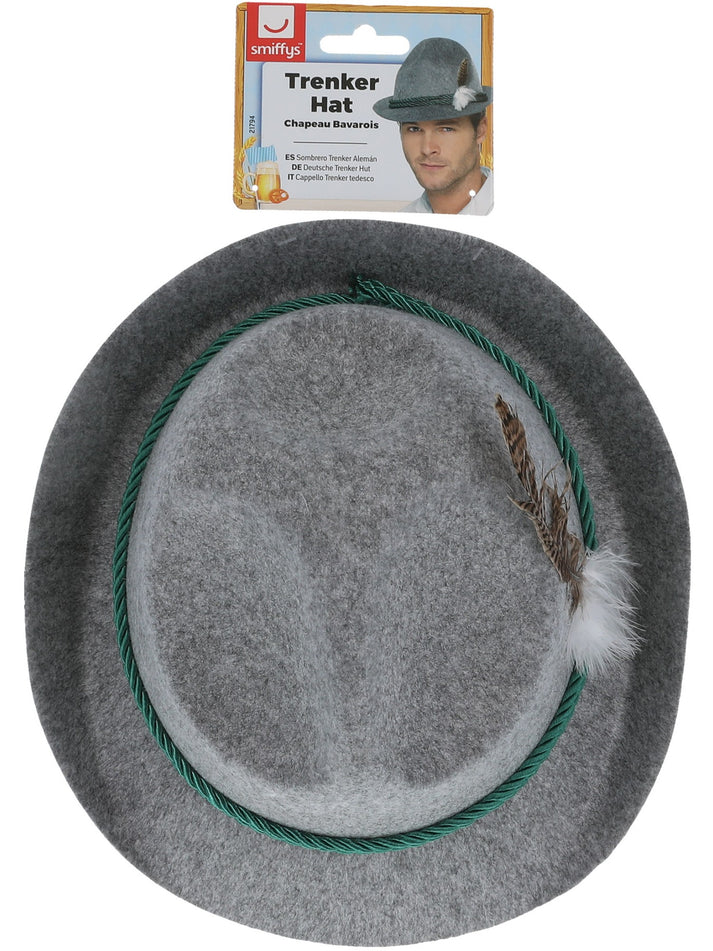 German Trenker Hat Grey with Feather Green Braiding Adult Costume Accessory 3