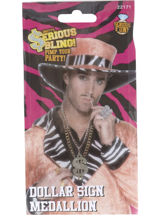 Large Dollar Sign Medallion Gold Coloured Chain Pimp Costume Accessory 2