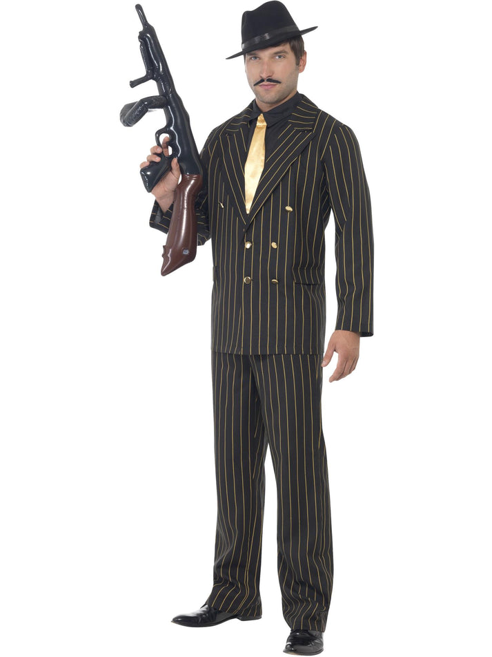 Gold Pinstripe Gangster Costume Mens Godfather Suit Jacket Trousers Shirt Front and Tie