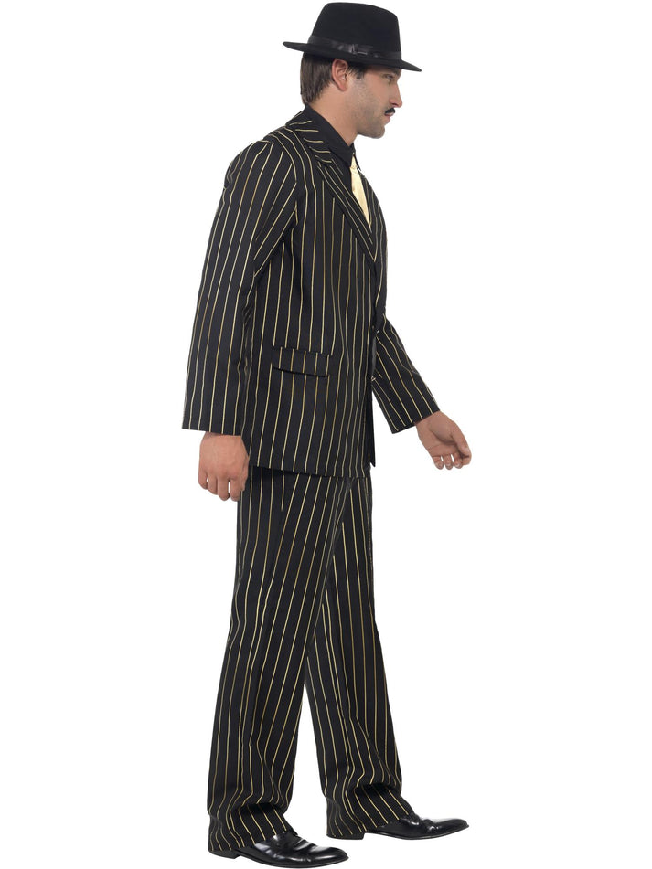 Gold Pinstripe Gangster Costume Mens Godfather Suit Jacket Trousers Shirt Front and Tie