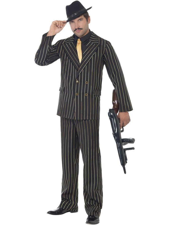 Gold Pinstripe Gangster Costume Mens Godfather Suit Jacket Trousers Shirt Front and Tie