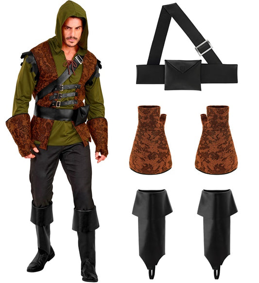 Robin Of Sherwood Hooded Shirt With Vest, Belt Sash, Belt With Pouch, Gloves, Boot Tops