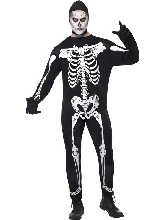 Skeleton Costume Adult Black White Jumpsuit Hood and Gloves 2