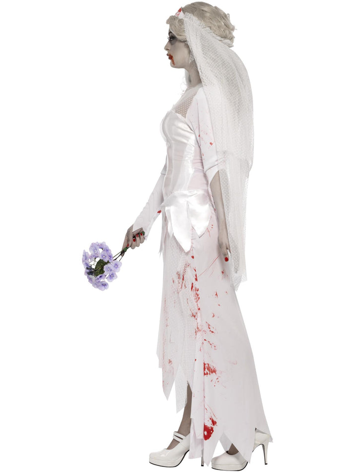 Till Death Do Us Part Zombie Bride Costume Adult White Dress Veil and Bouquet