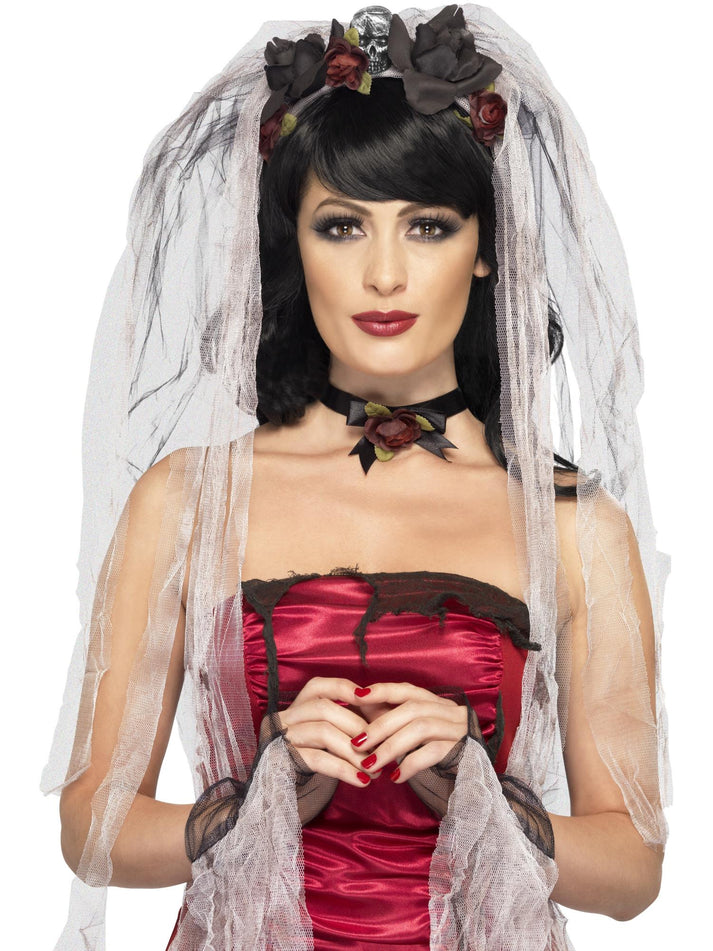 Gothic Bride Kit Adult Black and White with Rose and Skull Veil Choker and Gloves