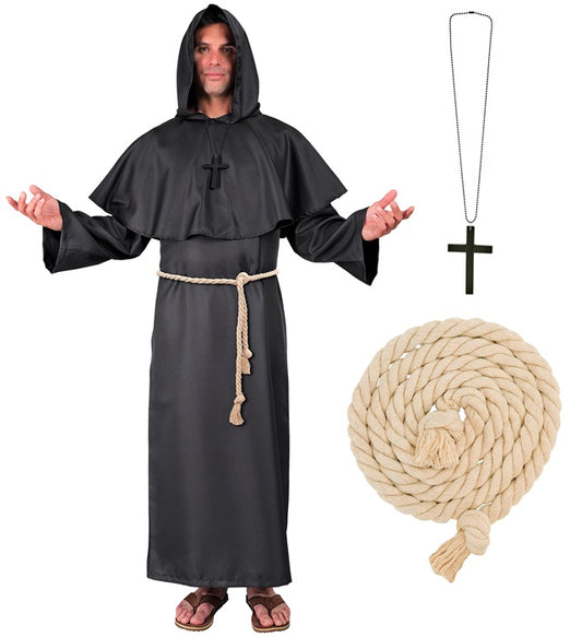Dark Monk Robe, Hood, Belt, Cross Necklace