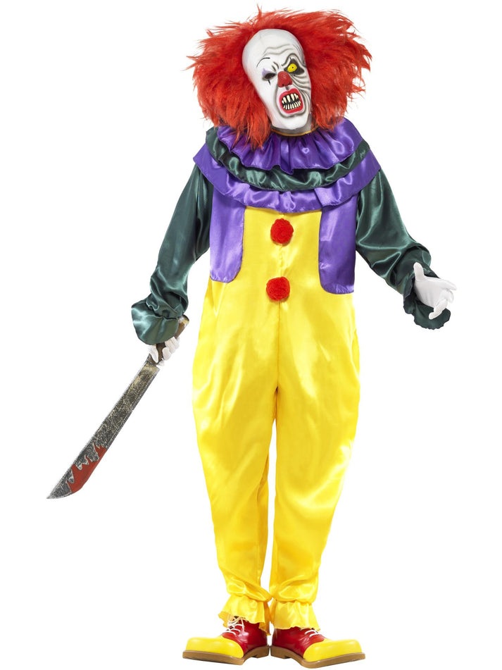 Classic Horror Clown Costume Adult Multi Coloured Jumpsuit and Mask with Red Hair