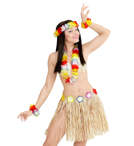 Hawaiian Set Hula Skirt With Flower Belt, Flower Lei, Crown, 2 Bracelets