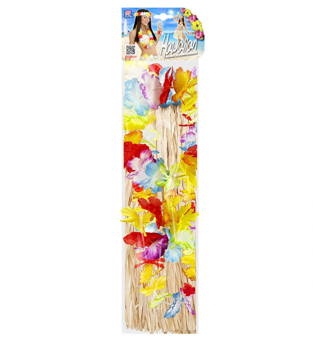 Hawaiian Set Hula Skirt With Flower Belt, Flower Lei, Crown, 2 Bracelets
