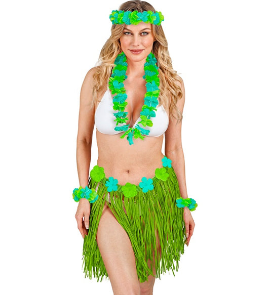 Green Hawaiian Set Hula Skirt With Flower Belt, Flower Lei, Crown, 2 Bracelets