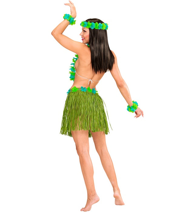 Green Hawaiian Set Hula Skirt With Flower Belt, Flower Lei, Crown, 2 Bracelets