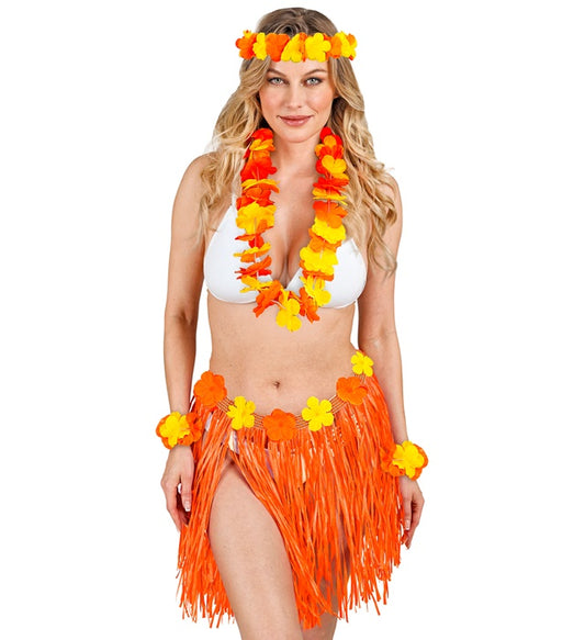 Orange Hawaiian Set Hula Skirtwith Flower Belt, Flower Lei, Crown, 2 Bracelets