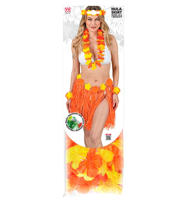 Orange Hawaiian Set Hula Skirtwith Flower Belt, Flower Lei, Crown, 2 Bracelets