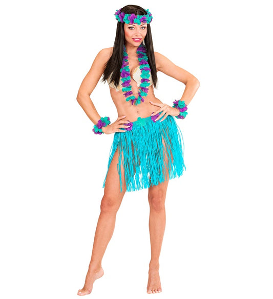 Blue Hawaiian Set Hula Skirt With Flower Belt, Flower Lei, Crown, 2 Bracelets