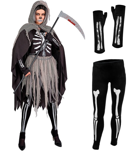 Grim Reaper Bones Dress, Tights & Gloves, Hooded Cape, Chains