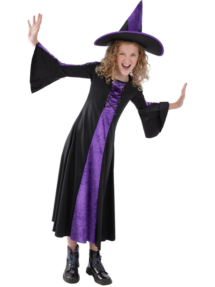 Kids Bewitched Costume Black and Purple Velour Witch Dress and Hat