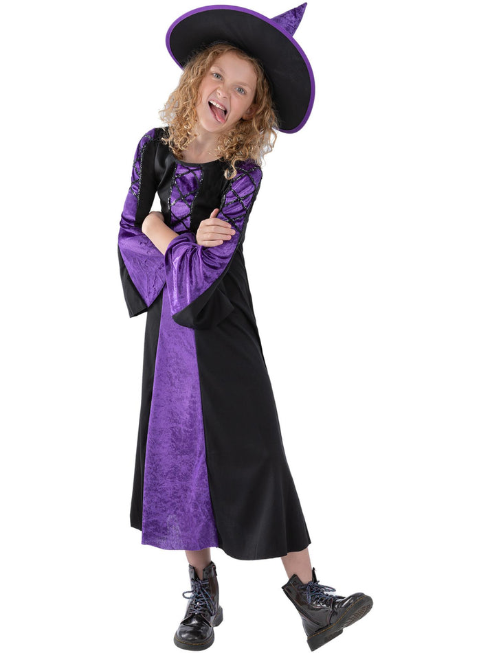 Kids Bewitched Costume Black and Purple Velour Witch Dress and Hat