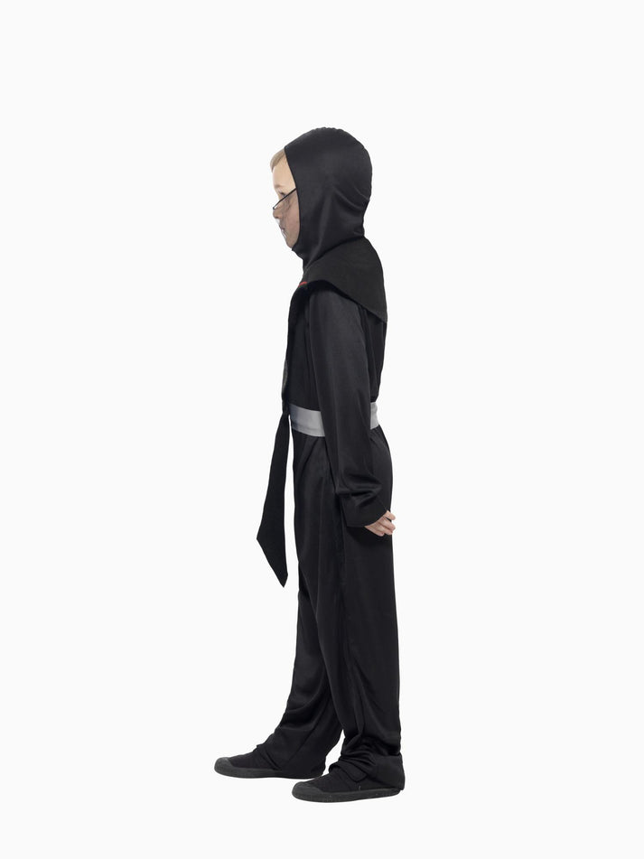 Ninja Costume Kids Black Red Jumpsuit with Hood Overpiece Belt and Bands