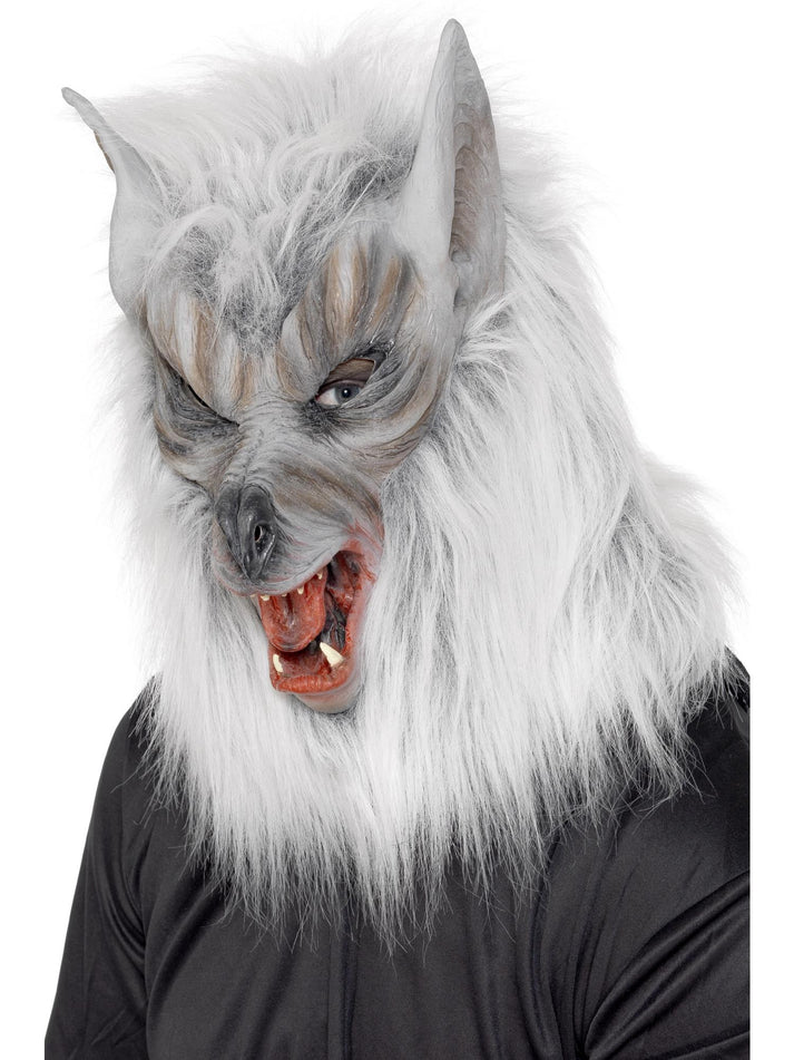 Wolf Mask Adult Silver Latex Full Overhead with Silver Fur Horror Costume Accessory