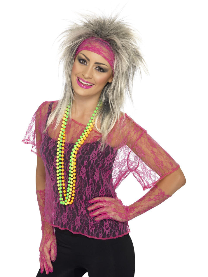 Lace Net Vest Gloves and Headband Adult Neon Pink 80s Costume Set