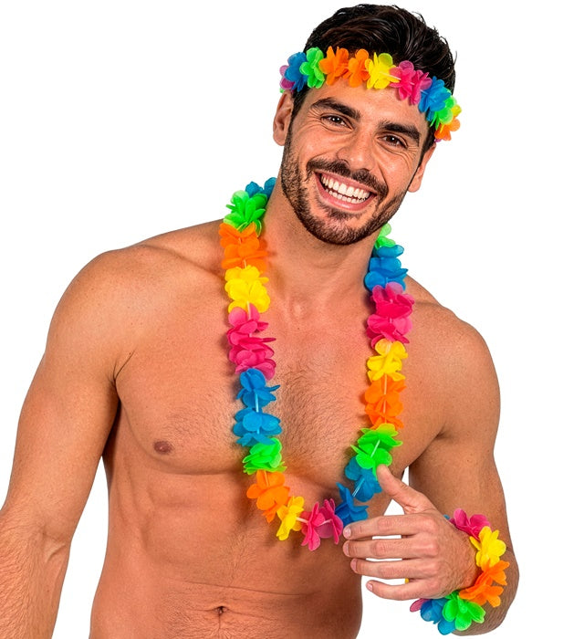 Bright Multicolor Hawaiian Set Lei, Crown, Bracelet