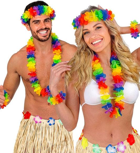 Rainbow Color Hawaiian Set Lei, Crown, 2 Bracelets