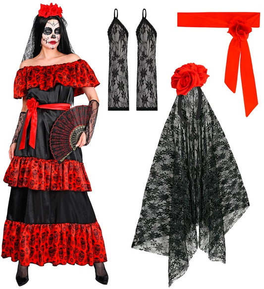 Mujer Dia De Los Muertos Dress, Rose Belt, Fingerless Gloves, Flower Veil