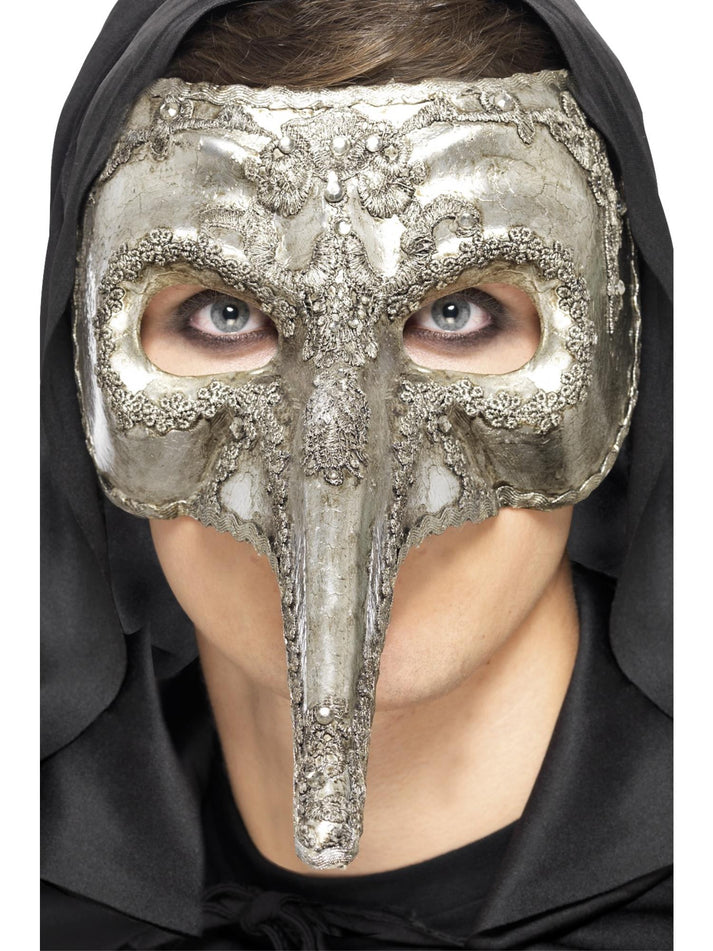 Luxury Venetian Capitano Mask Adult Silver Halloween Costume Accessory