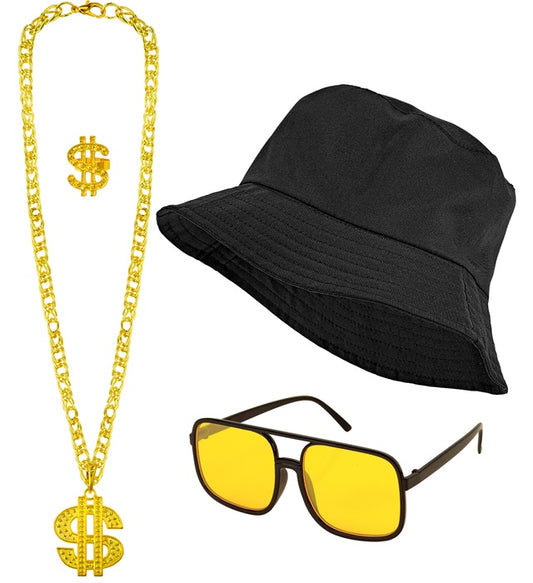 The 90S Hip Hop Fashion - Black Bucket Hat, Glasses, Necklace, Ring