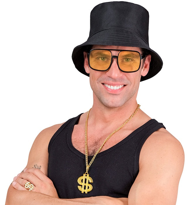 The 90S Hip Hop Fashion - Black Bucket Hat, Glasses, Necklace, Ring