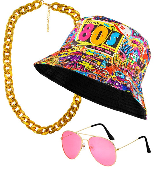 The 80S Funky Fashion - Graffiti Bucket Hat, Glasses, Necklace