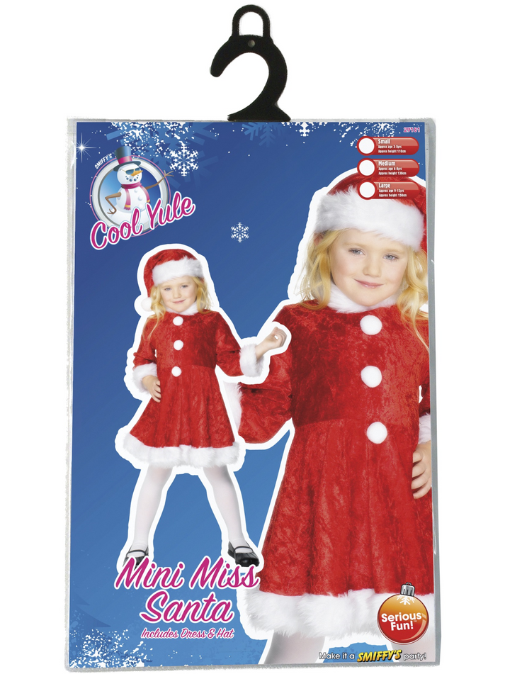 Mini Miss Santa Costume Kids Velour Red Dress with White Fake Fur Trim and Matching Hat