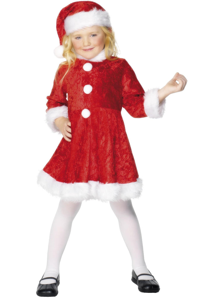 Mini Miss Santa Costume Kids Velour Red Dress with White Fake Fur Trim and Matching Hat