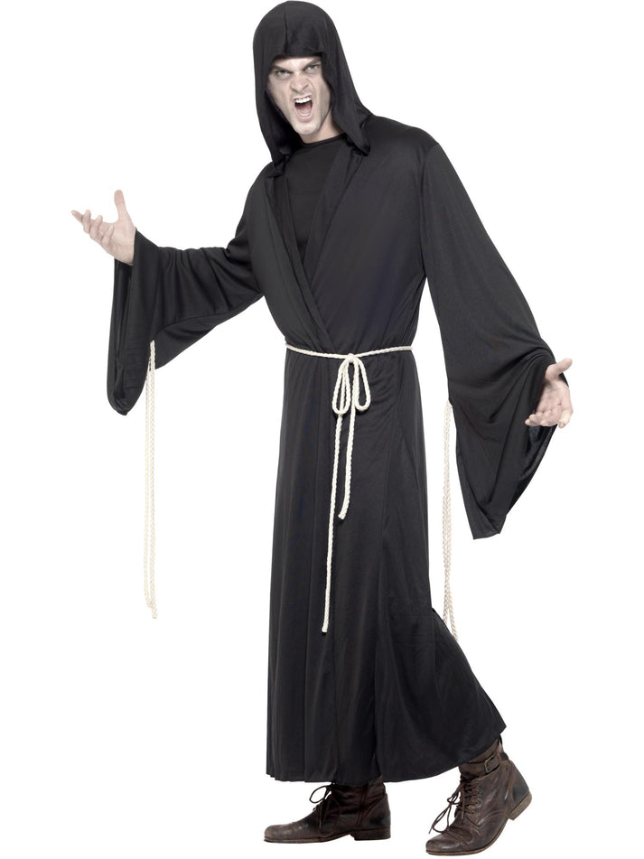 Grim Reaper Costume Adult Black Hooded Robe and Rope Belt