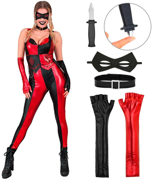 Evil Harlequin Jumpsuit, Choker, Eyemask, Fingerless Gloves, Knife