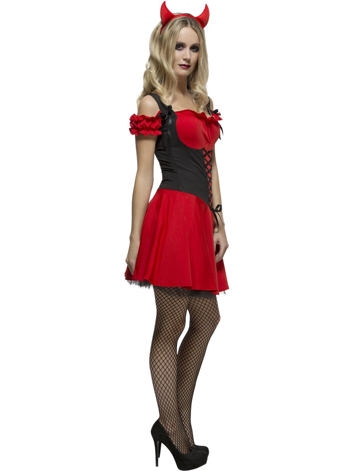 Fever Wicked Devil Costume Adult Red Black Dress Attached Underskirt and Horns Headband