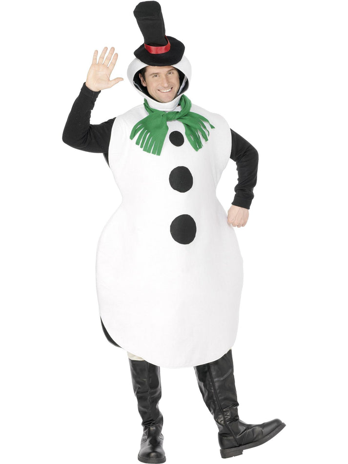 Snowman Costume Adult White Tabard Green Scarf Black Hat and Carrot Nose