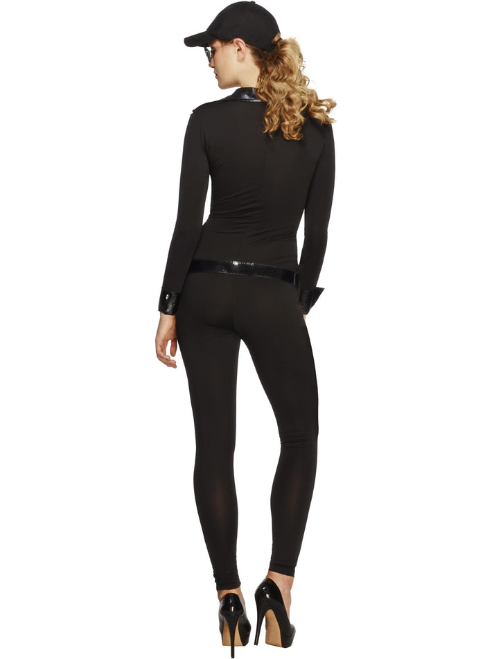 Fever FBI Flirt Costume Adult Black Bodysuit Belt and Cap