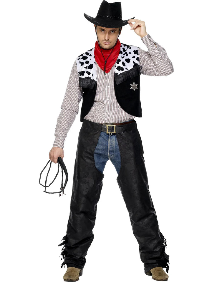 Cowboy Costume Black Chaps Waistcoat Belt Red Neckerchief Adult