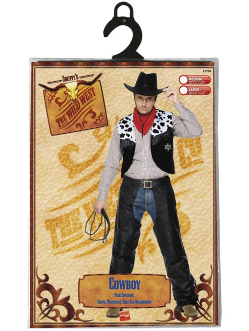 Cowboy Costume Black Chaps Waistcoat Belt Red Neckerchief Adult