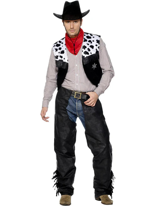 Cowboy Costume Black Chaps Waistcoat Belt Red Neckerchief Adult