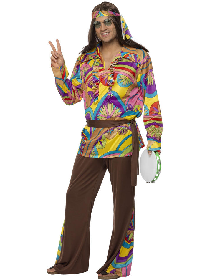 Psychedelic Hippie Man Costume Adult Multi Coloured Shirt Headband Brown Trousers Belt