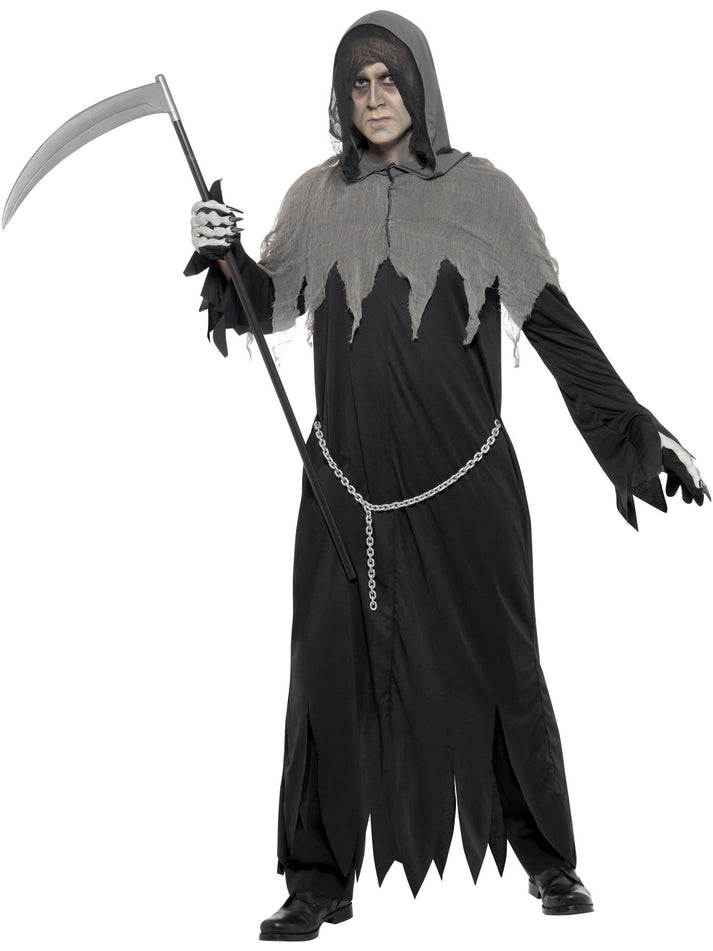 Grim Reaper Robe Costume Adult Black Hooded Robe and Chain